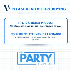 May include: White background with blue text that reads "PLEASE READ BEFORE BUYING". A blue box states "THIS IS A DIGITAL PRODUCT. No physical product will be shipped to you." and "NO RETURNS, REFUNDS, OR EXCHANGE will be accepted due to the nature of the digital product."