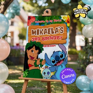 May include: A wooden easel displays a colorful party sign. The sign features the text "Welcome to my Party!" and "Mikaela's 3rd Birthday" with the date 08.08.2024. Cartoon characters Lilo and Stitch are also featured. The sign is surrounded by balloons.