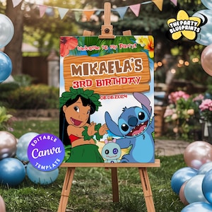 May include: A wooden easel displays a colorful party sign. The sign features the text "MIKAELA'S 3RD BIRTHDAY" with the date 08.08.2024. Cartoon characters Lilo and Stitch are also featured. A purple circle with the text "Editable Canva Template" is on the bottom left.