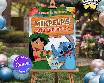 Lilo Stitch Welcome Party Sign | Birthday Banner | Party Backdrop | Lilo and Stitch Birthday Decor | Editable Canva Template
