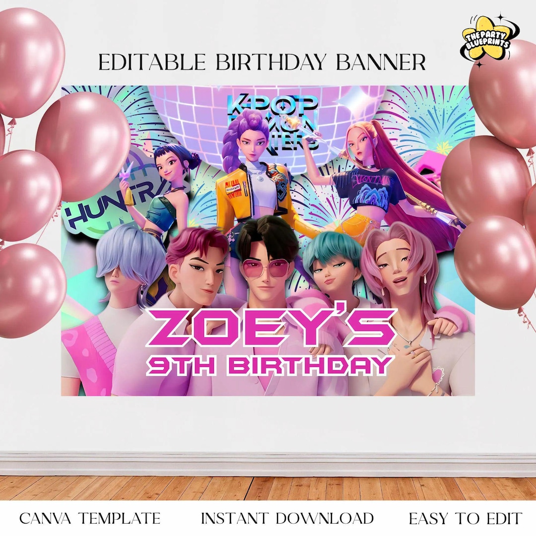 Grande Bannière KPOP Demon Hunters – Décor Anniversaire – Tissu Imprimé