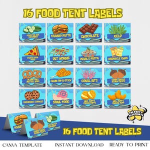 Peut inclure: Seize étiquettes de tente alimentaire avec des illustrations de nourriture de dessin animé, dont Krabby Patty, chocolat, pizza et biscuits. Les étiquettes sont sur un fond bleu avec le texte "16 FOOD TENT LABELS".