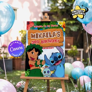 May include: A wooden easel displays a colorful birthday party sign. The sign features the text "MIKAELA'S 3RD BIRTHDAY" with cartoon characters and the date 08.08.2024. The sign is decorated with tropical flowers and the words "Welcome to my Party!"