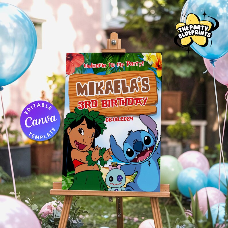 May include: A wooden easel displays a colorful birthday party sign. The sign features the text "MIKAELA'S 3RD BIRTHDAY" with cartoon characters and the date 08.08.2024. The sign is decorated with tropical flowers and the words "Welcome to my Party!"