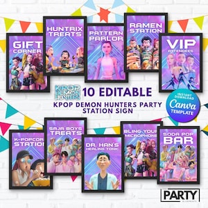 KPOP Demon Hunters Party Signs | Editable Station Labels | Kpop Demon Hunters Birthday | Kpop Party Favors