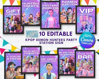 KPOP Demon Hunters Party Signs | Editable Station Labels | Kpop Demon Hunters Birthday | Kpop Party Favors