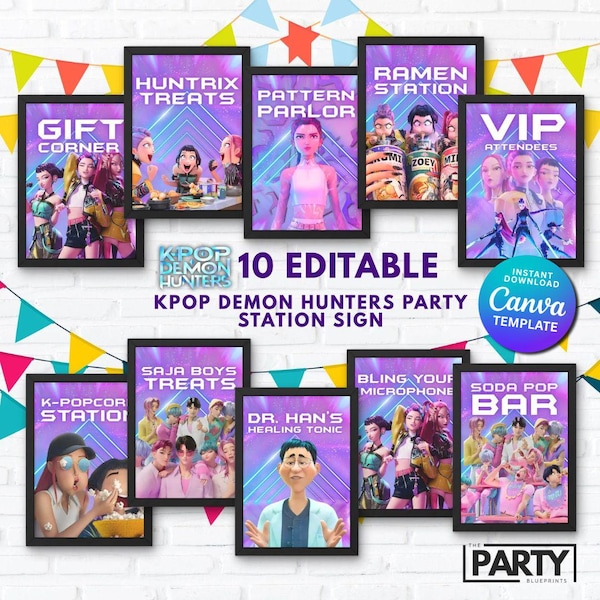Placas para Festa de Caçadores de Demônios KPOP | Etiquetas Editáveis para Estações de Festa | Aniversário com Tema de Caçadores de Demônios KPOP | Lembrancinhas para Festa KPOP