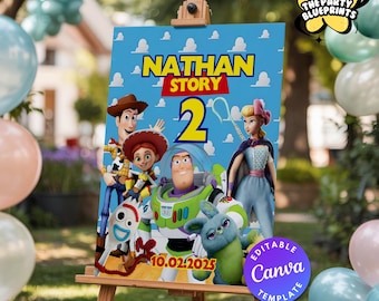 Szablon powitalnego znaku urodzinowego Toy Story, edytowalny plakat Canva, dekoracja na imprezę Toy Story, spersonalizowany znak urodzinowy, Toy Story do druku