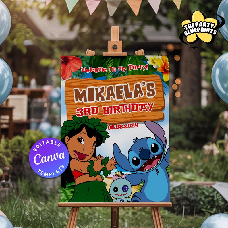 May include: A wooden easel displays a party sign with the text "Welcome to my Party!" and "Mikaela's 3rd Birthday" with the date 08.08.2024. The sign features cartoon characters and floral accents. The sign is an editable Canva template.
