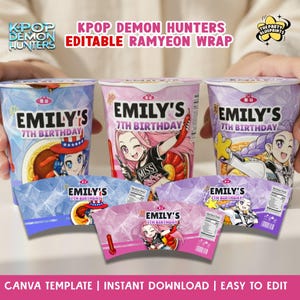 Peut inclure: Trois gobelets de ramen personnalisés avec des illustrations de style anime et le texte "EMILY'S 7TH BIRTHDAY". Les gobelets sont bleus, roses et violets, avec des étiquettes assorties. L'image comprend également le texte "KPOP DEMON HUNTERS EDITABLE RAMYEON WRAP."