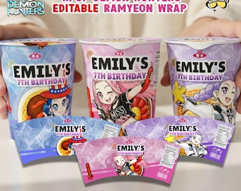 Pastel Kpop Inspired Ramen Cup Label Editable Canva Template, Anime Birthday Party Cup Noodles Wrap, Custom Name Instant Download