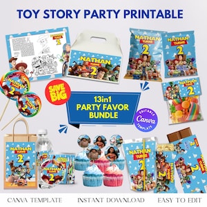 Może przedstawiać: Zestaw drukowanych upomink&oacute;w na przyjęcie z postaciami z Toy Story. Zawiera r&oacute;żne elementy, takie jak torebki na cukierki, dekoracje na babeczki i kolorowankę, wszystkie spersonalizowane imieniem "Nathan" i numerem "2".