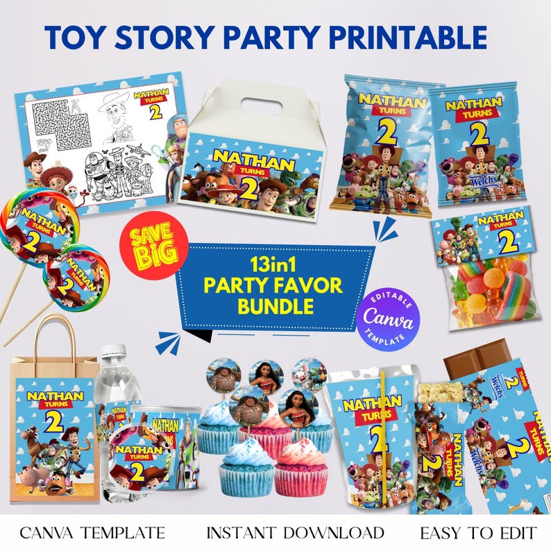 Może przedstawiać: Zestaw drukowanych upomink&oacute;w na przyjęcie z postaciami z Toy Story. Zawiera r&oacute;żne elementy, takie jak torebki na cukierki, dekoracje na babeczki i kolorowankę, wszystkie spersonalizowane imieniem "Nathan" i numerem "2".