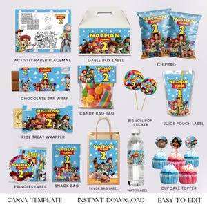 Może przedstawiać: Zestaw artykuł&oacute;w imprezowych z napisem "Nathan Turns 2" i postaciami z popularnego filmu animowanego. Zawiera etykiety na r&oacute;żne przedmioty, takie jak pudełka, torebki na chipsy i dekoracje na babeczki. Projekt jest gł&oacute;wnie niebieski i ż&oacute;łty.