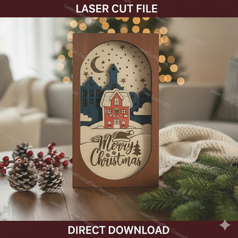 Merry Christmas Village Laser Cut SVG | Layered Winter Scene | Holiday ...