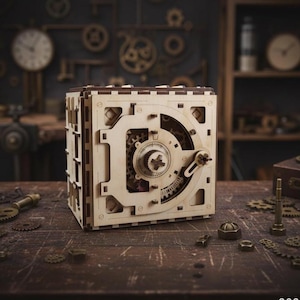 Laser geschnittene Tresordatei aus Holz mit kompliziertem Zahnradmechanismus (Digitaler Download)