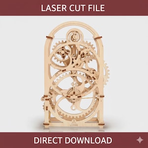 Archivo de modelo cinético de reloj mecánico de madera cortado con láser: escultura de engranajes intrincada para proyectos de bricolaje.