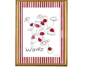 May include: Framed art print depicting a playful illustration of wine glasses filled with red wine. The gold frame has a red and white striped border. The word "WHUPS" is written in black script, adding a touch of humour.