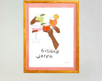May include: A framed illustration of four hands holding up glasses of colourful cocktails. The text "GIGGLE WATER" is written below the glasses.