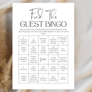 Bingo para despedidas de soltera, Juegos para despedidas de soltera, Bingo para encontrar al invitado, Juego minimalista para despedidas de soltera, Juego de bingo para despedidas de soltera, Plantilla editable de Canva