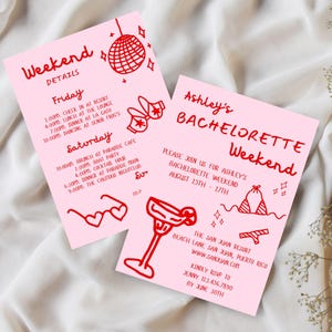 Hand Drawn Bachelorette Itinerary and Invitation Template, Bachelorette Weekend Itinerary, Pink Bachelorette Party Editable Canva Template