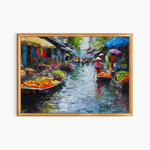 Thailand Bangkok Floating Market Landscape Painting Instant Download Travel Wall Art Travel Poster Thai Art Print  Poster Digital Download