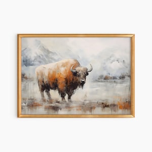 Bison Painting Animal Oil Painting Buffalo Artwork Winter Mountain Landscape Farm Animal Art Western Painting Montana Bison Digital Download