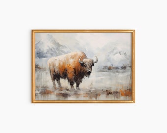 Bison Painting Animal Oil Painting Buffalo Artwork Winter Mountain Landscape Farm Animal Art Western Painting Montana Bison Digital Download