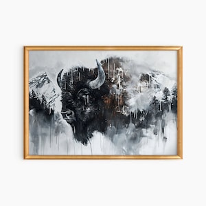 Bison Painting Animal Oil Painting Buffalo Artwork Winter Mountain Landscape Farm Animal Art Western Painting Montana Bison Digital Download