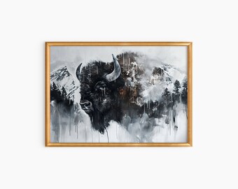 Bison Painting Animal Oil Painting Buffalo Artwork Winter Mountain Landscape Farm Animal Art Western Painting Montana Bison Digital Download
