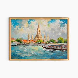 Bangkok Thailand Wat Arun Temple Landscape Painting Instant Download Travel Wall Art Travel Poster Thai Art Print  Poster Digital Download