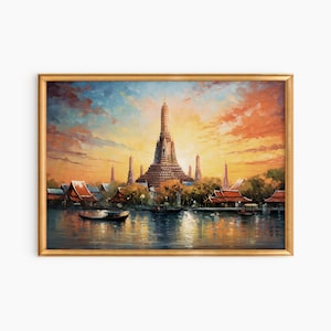 Bangkok Thailand Wat Arun Temple Landscape Painting Instant Download Travel Wall Art Travel Poster Thai Art Print  Poster Digital Download