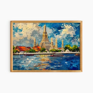 Bangkok Thailand Wat Arun Temple Landscape Painting Instant Download Travel Wall Art Travel Poster Thai Art Print  Poster Digital Download