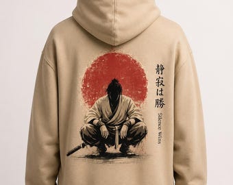 Bluza z kapturem Samurai Warrior | Siedzący Ronin z Czerwonym Słońcem, japońska kaligrafia
