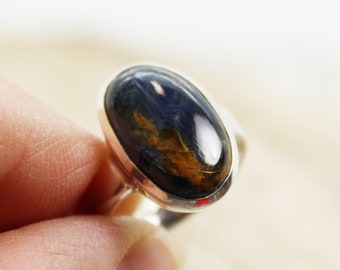 Pietersite ring dark blue stone small ring with genuine Pietersite cab oval shape set on solid 925 sterling silver unisex