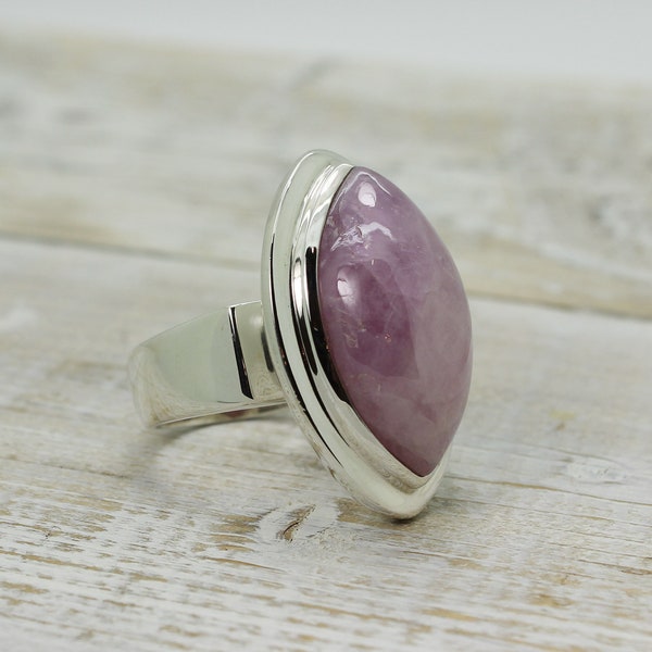 Beautiful... pink Kunzite stone ring all natural Marquise shape cabochon set on great quality bezel 925 sterling silver mount handmade ring