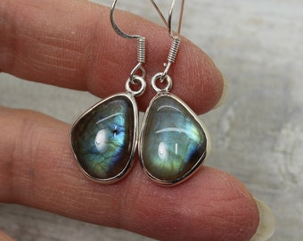 beautys... medium natural Labradorite earrings freeform cab stone light blue and green flash set on sterling silver 925 quality silver