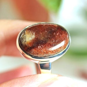 Op de afbeelding: Zilveren ring met een ovale edelsteen met bruine, rode en gouden tinten. De steen is gezet in een gepolijste zilveren band. Het ontwerp van de ring is eenvoudig maar elegant, geschikt voor dagelijks gebruik. Een prachtig sieraad.