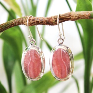 Rhodochrosite dangling earrings, pink earrings, womans earrings, oval shape earrings, natural Rhodochrosite stone , earrings 925 silver