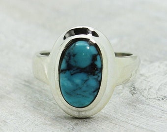 Small gorgeous Turquoise ring oval shape cab stone genuine blue color natural turquoise stone 925 sterling simple popping color turquoise