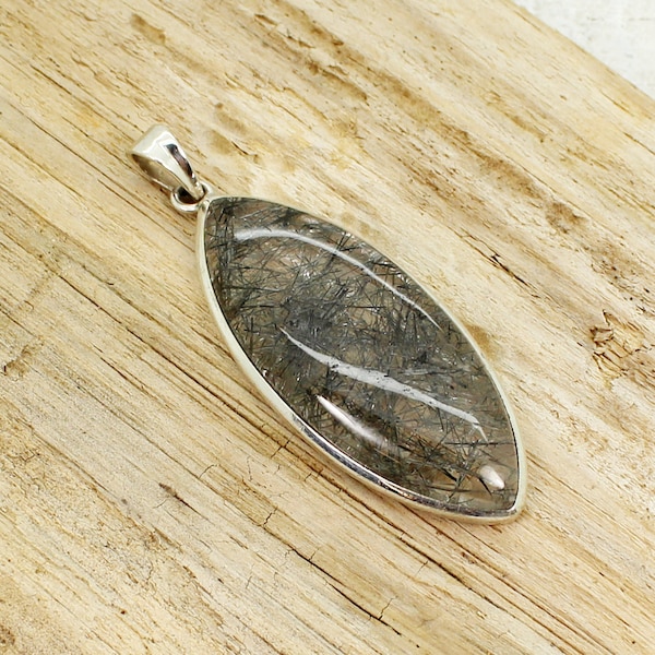 Black Tourmalinated Quartz pendant sterling silver 925 long marquise shape cab stone jewelry made of 925e silver black rutilated quartz