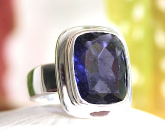 Iolite Stone Men Ring: Rectangular Cut Sterling Silver Unisex Ring, Size 10-10.5