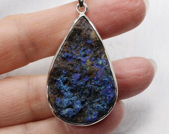 Stunning Raw dark blue Azurite pendant with very deep blue and Azur colour teardrop shape stone set on 925 solid silver unisex piece