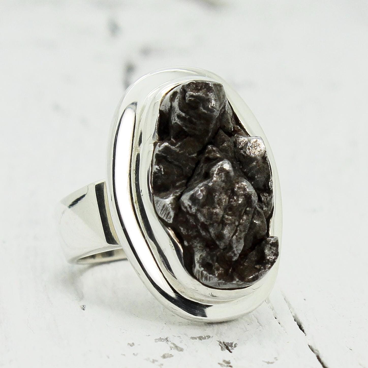 Unique Style Meteorite Ring Genuine Stone Freeform Shape Cab