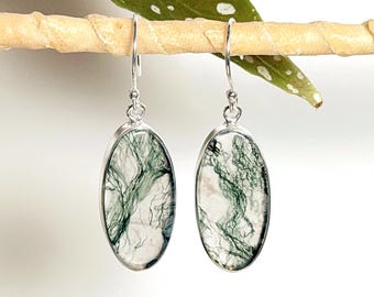 12 options of Moss Agate oval Dangle Earrings: Nature Stone Jewelry