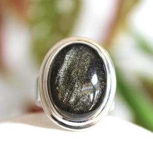 May include: A silver ring featuring a large, oval-shaped black gemstone with shimmering gold inclusions. The gemstone is set in a polished silver band, creating a striking contrast. The ring's design is simple yet elegant, suitable for everyday wear or special occasions.