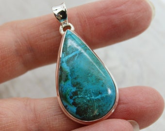 Chrysocolla stone pendant teardrop shape amazing turquoise colors natural Chrysocolla with malachite stone set on solid sterling silver 925