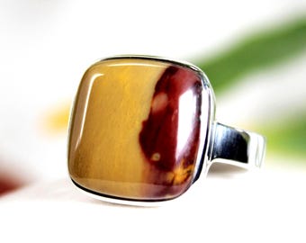 Mookaite Jasper Ring: Square Stone, 925 Sterling Silver, Unisex Size 8.5-9
