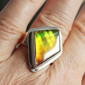 Pure fire... Ammolite stone ring raw natural freeform Ammolite stone set on 925 solid silver bezel amazing quality unique handmade ring