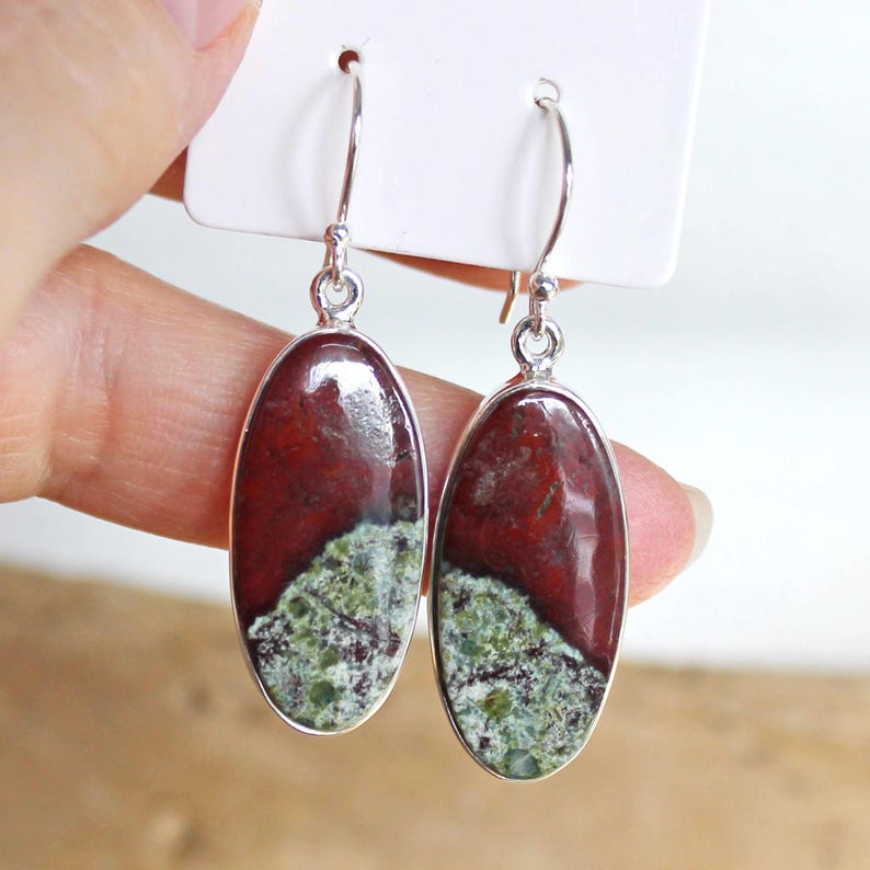 Oval Earrings, dangling earrings, Dragon blood Jasper earrings, green stone, woman's earrings, Jasper stone earrings with hooks, silver earrings, earrings with stones, green earrings, Red stone earrings